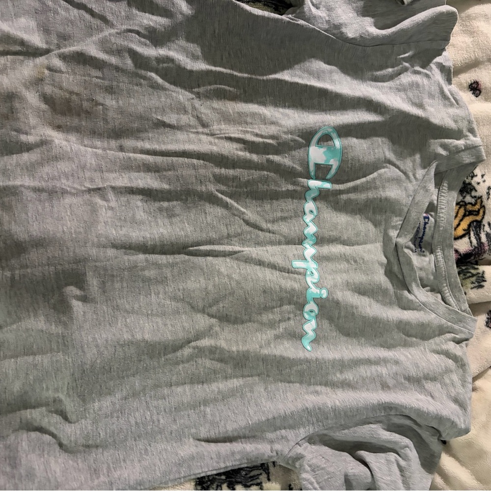 Champion Light Gray Tee with Aqua Logo